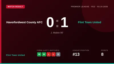A late goal from substitute J. Malkin gave Flint Town United a 1-0 away win at Haverfordwest County, moving the Silkmen...